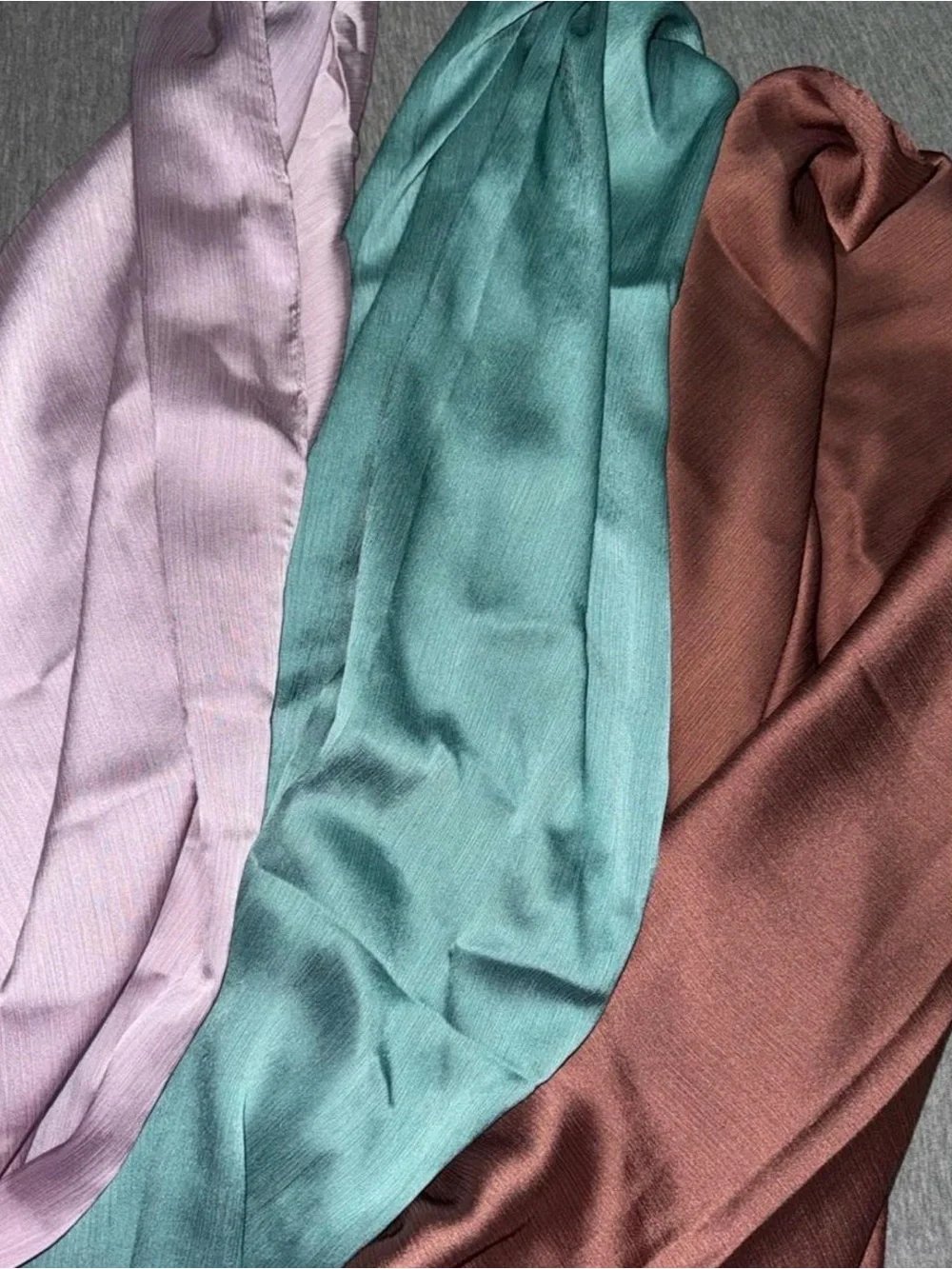 Three Satin Scarves in Lavender, Teal, and Rust